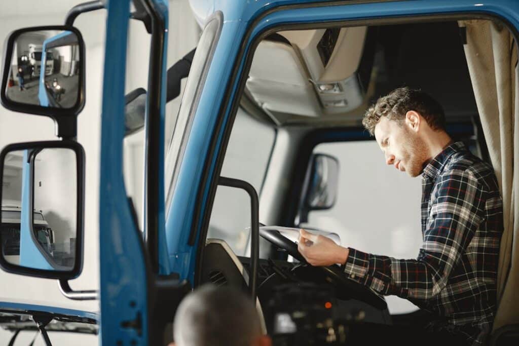 A man sitting in a blue truck reading papers