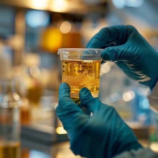 An individual examining a urine sample in the lab.